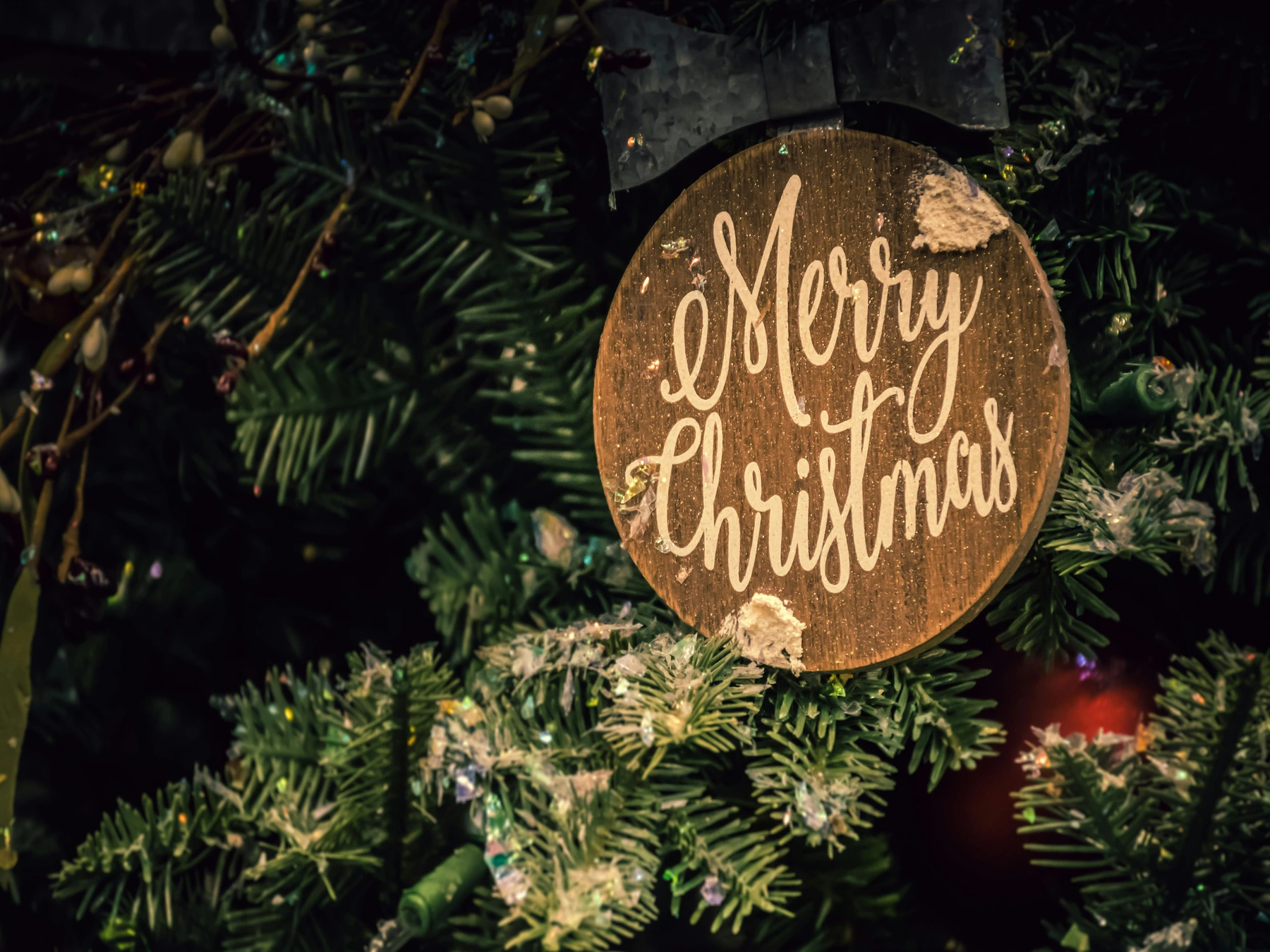 Merry Christmas sign mounted on a Christmas Tree